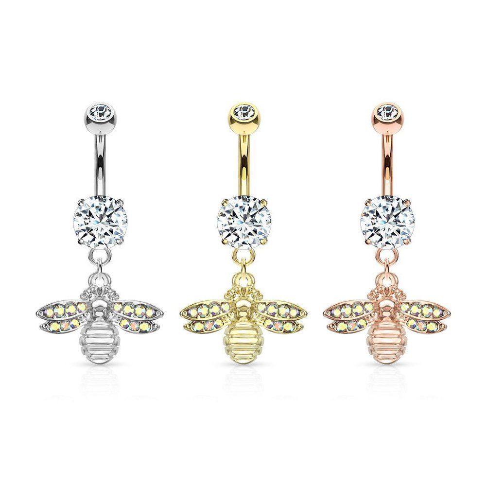 Bee with AB Crystal Paved Wings Dangle Double Jeweled 316L Surgical Steel Belly
